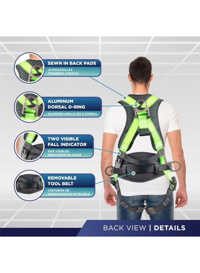 Palmer Safety 5-Point Full Body Harness with Padded Back Support, Quick-Connect Buckles & Grommet Leg Straps - OSHA & ANSI Compliant Industrial Roofing Gear - Hi-Vis Green - Image 3